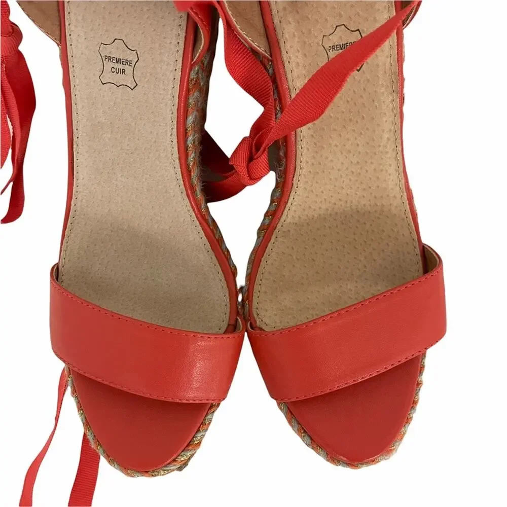 NWOT VANESSA WU Espadrille Wedge Coral Gold Gray Raffia Yarn Size 40/ US 10